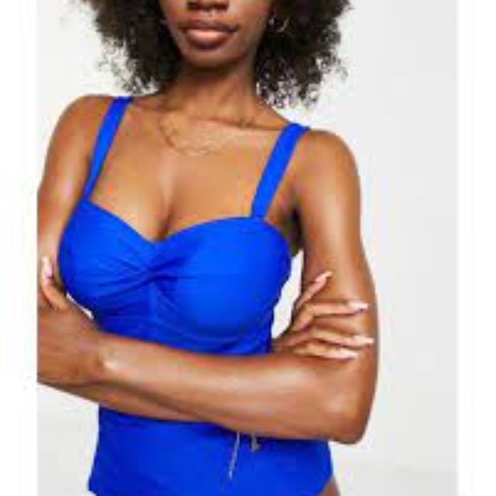 Fig Leaves Underwired Bandeau Tummy Control Blue Tankini 34F